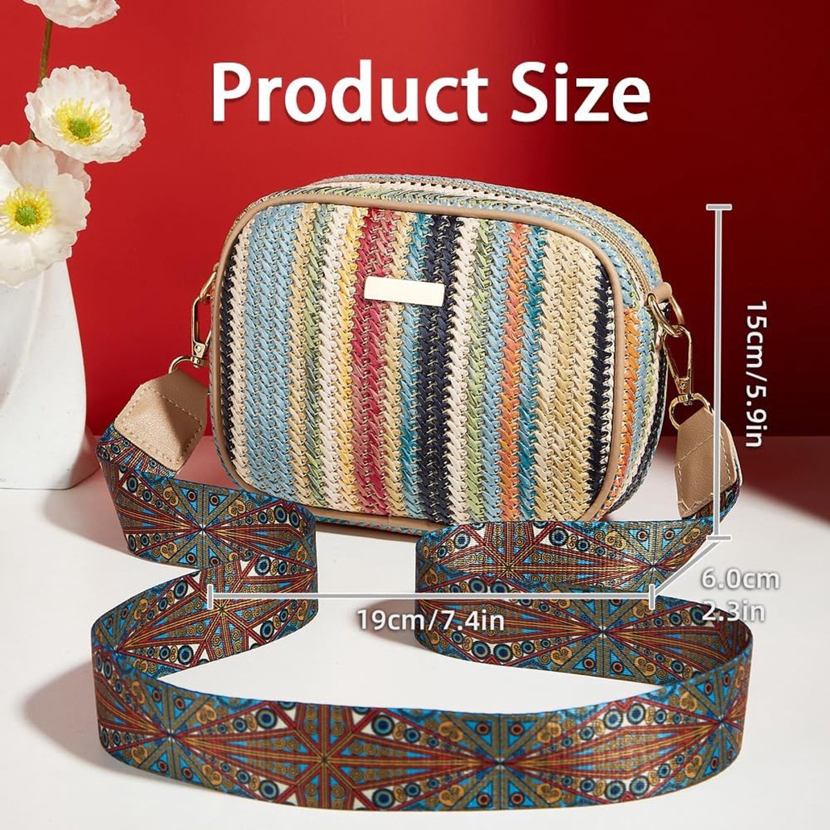 Schoudertas Crossbody Tas Stro Dames Kleine Rechthoekige Met Brede Schouderriem Geweven Handtas Festivaltas Casual Tas - ShopVlot