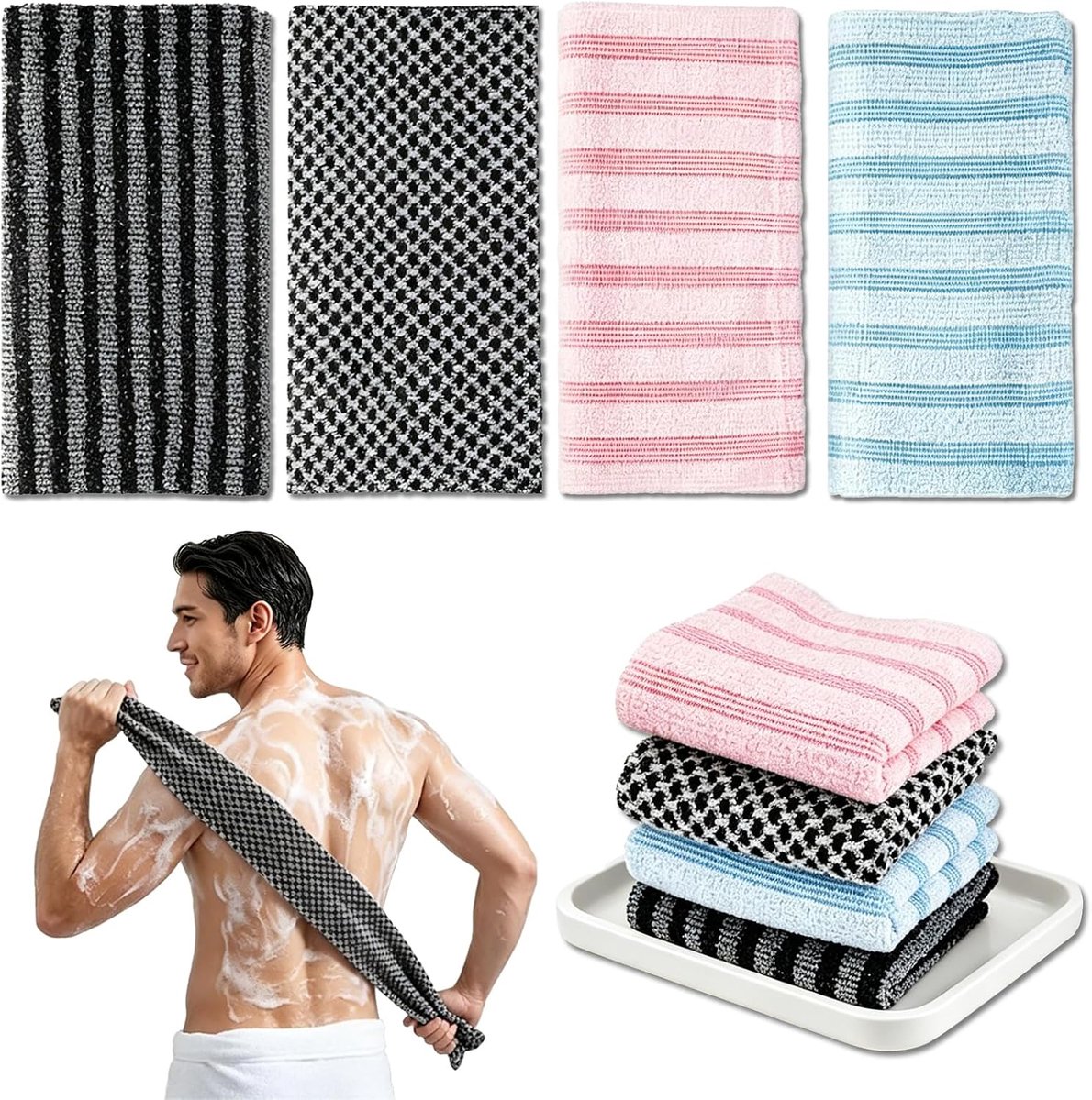 4 peelinghanddoeken uit Japan, baddoeken - extra lange douche exfoliërende accessoires, diepe reiniging spray - ShopVlot