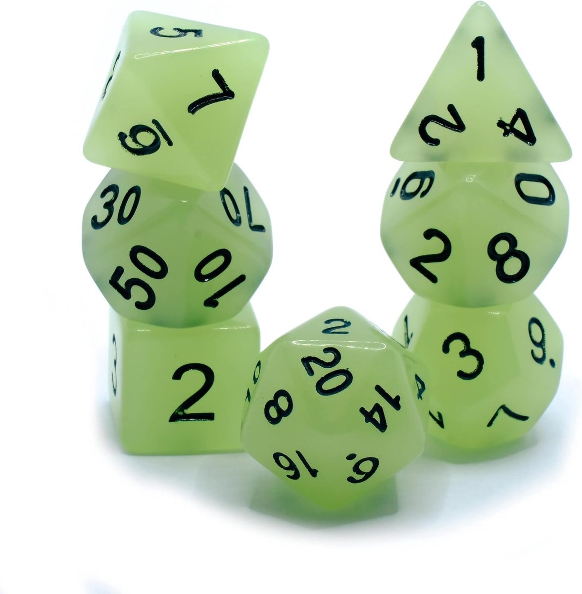 Luminescent - Polyset Dice - Polydice - Natural Green Glow in The Dark and Black - Dice Set Of 7 Pieces - ShopVlot