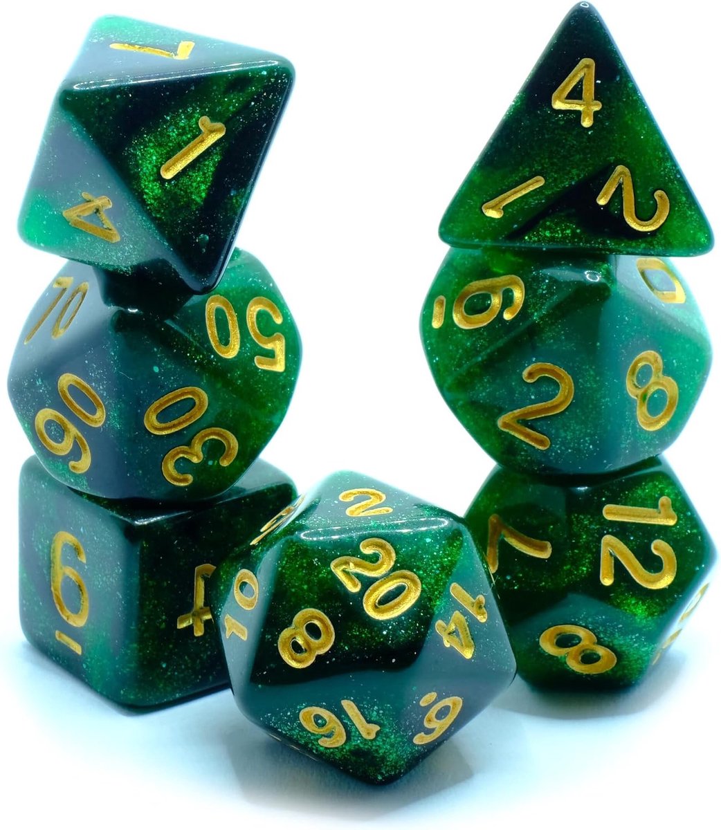 Starry Green Night Sky - Polyset Dice - Polydice - Green Black Glitters Translucent Transparent and Gold - ShopVlot