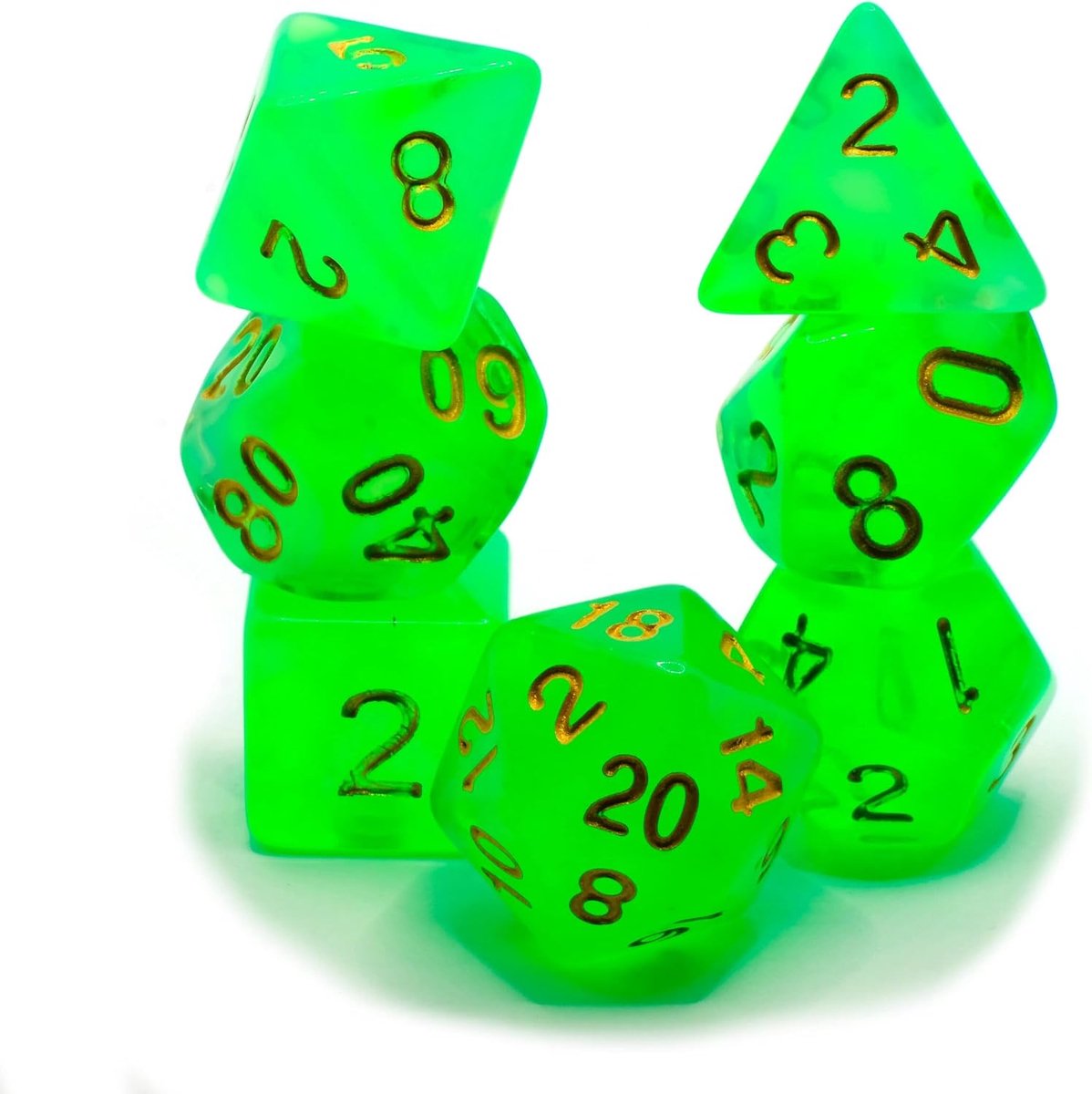 Polyset Dice - Polydice - Green White Glitters Transparent and Gold - Dice Set of 7 Pieces - ShopVlot