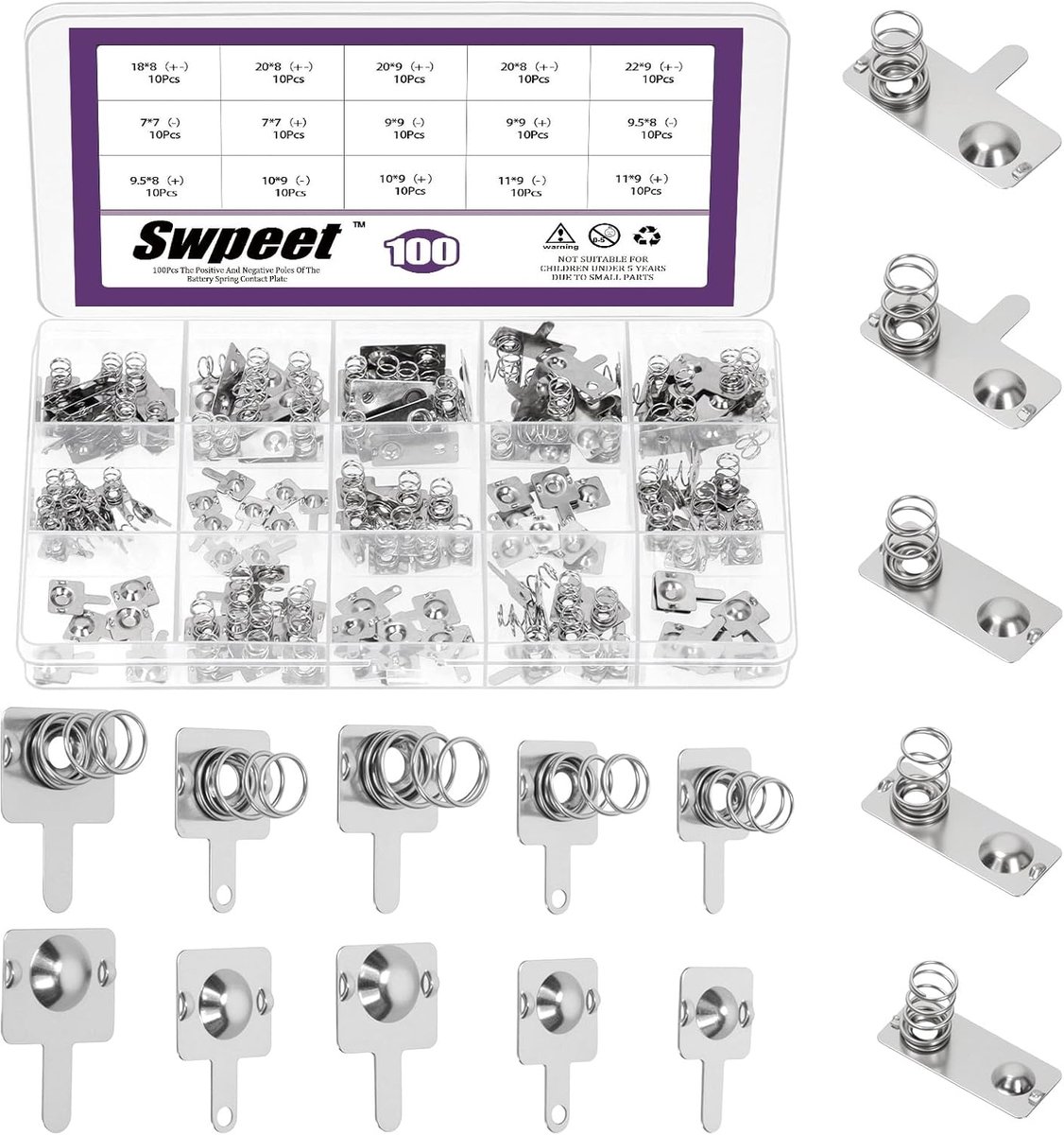 Swpeet 150pcs 10 sizes nickled AAA battery springs kit, AAA battery negative to positive conversion spring contact - ShopVlot
