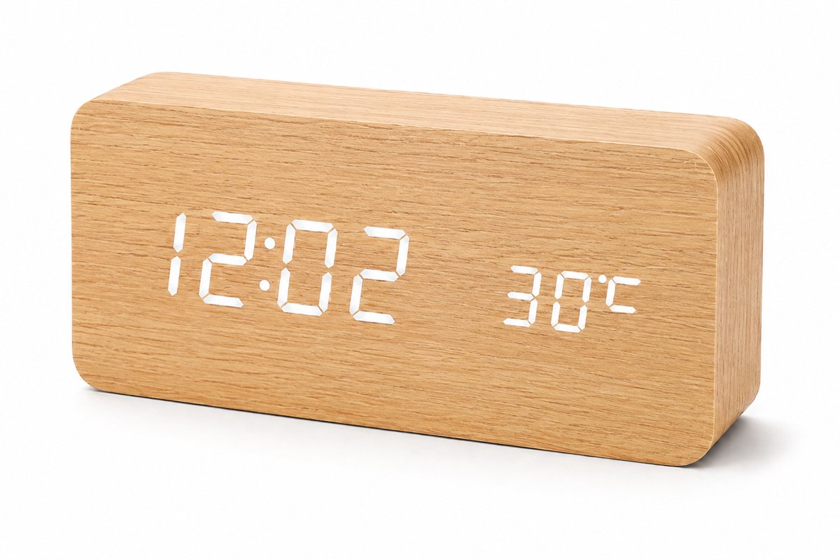 AXBO Digitale Houten Wekker – LED Display – 3 Alarmen – Sound Control – Temperatuurweergave – USB + Adapter Inclusief - Licht bruin