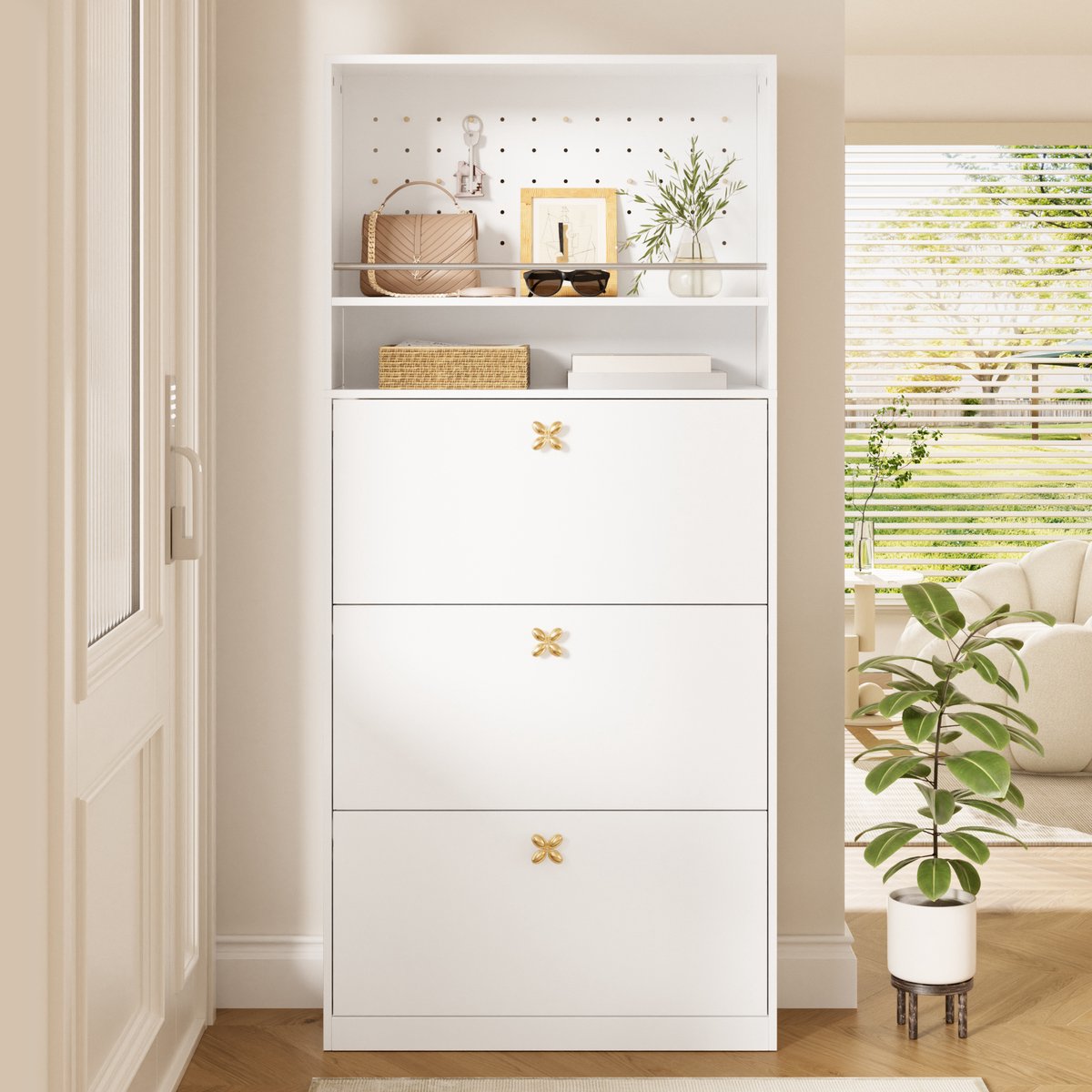 VVBV Schoenenkast 80x24x178.5 cm - 3 Klepvakken, Smal Ontwerp, Met Haken, Opbergruimte - Wit, Spaanplaat