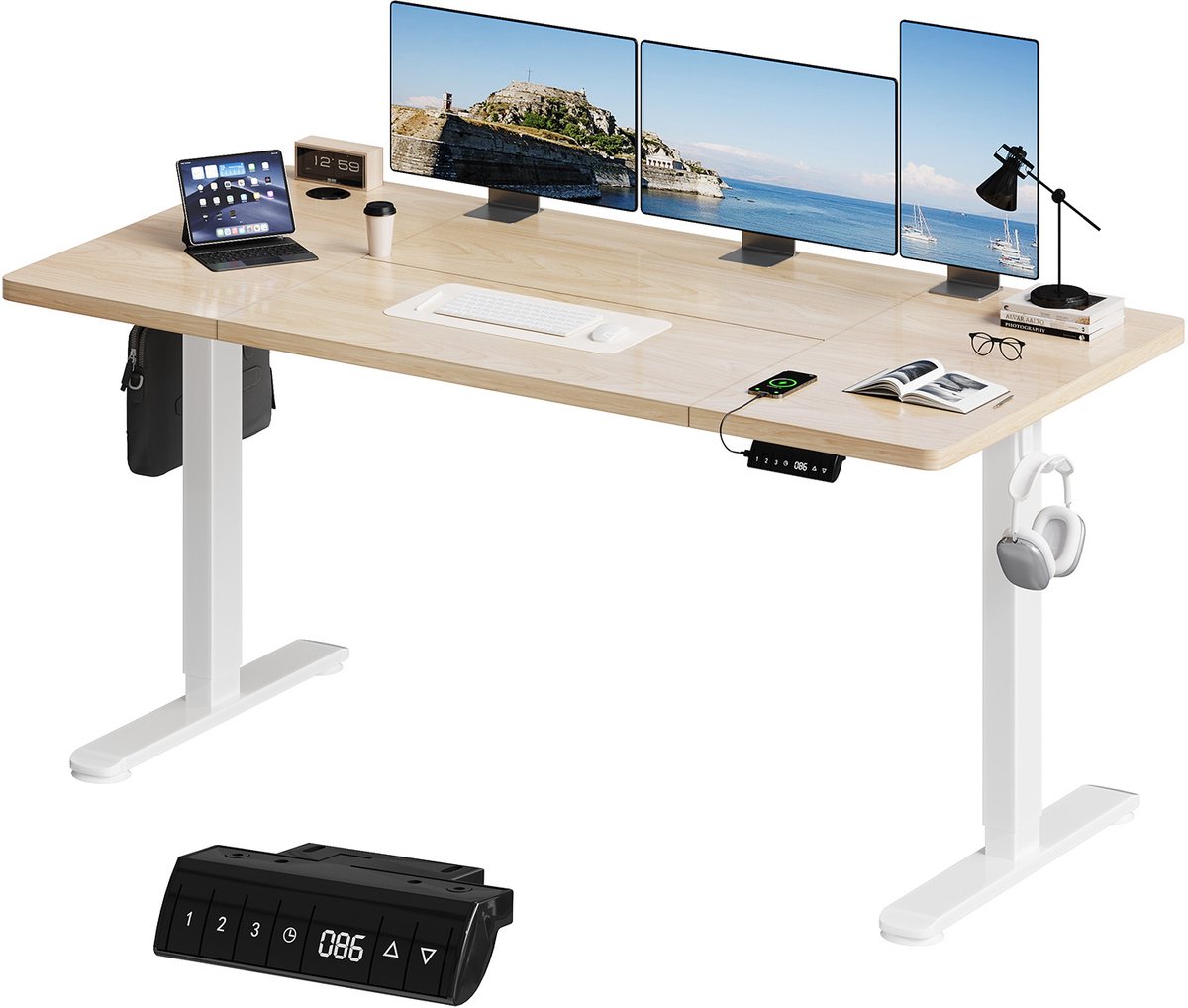 Devoko Elektrisch Zit-Sta Bureau 160x80 cm – 18 mm Dik Tafelblad – 3 Geheugenstanden – USB en Zit-alarm – Kabelmanagement – Wit frame met houtkleurig blad