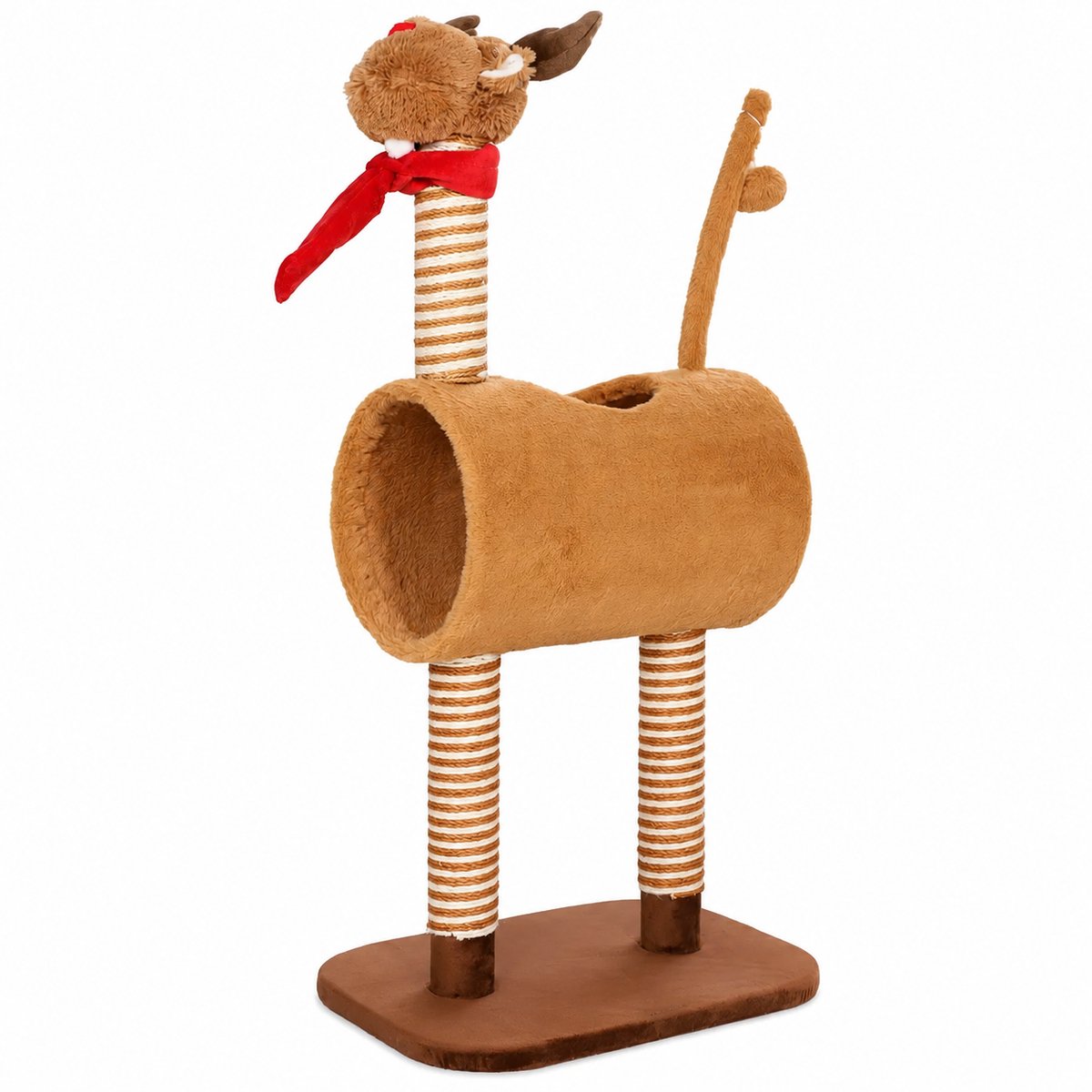 Sello! krabpaal – krabmeubel – vorm van een hert / rendier – tunnel – speelbal – jute – pluche – L48 × B34 × H98 cm – bruin – beige