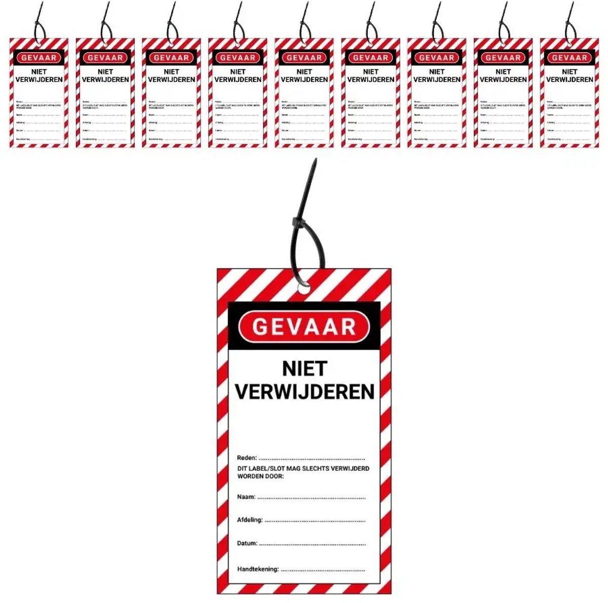 LOTO tags niet verwijderen NL - 10 stuks - inclusief tiewraps