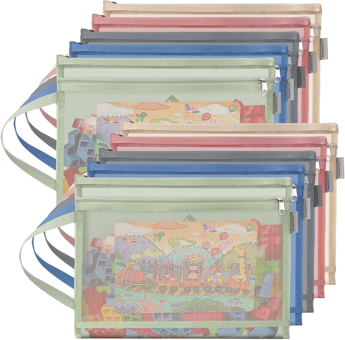 longziming - Opbergzakken - Netzak Organizer - A4 formaat - Doorzichtige ademende mesh opbergtasjes - Transparante Dubbele Laag - Vormvast En Scheurvast - Met handvat - voor bouwblokken, puzzels - 10 Stuks
