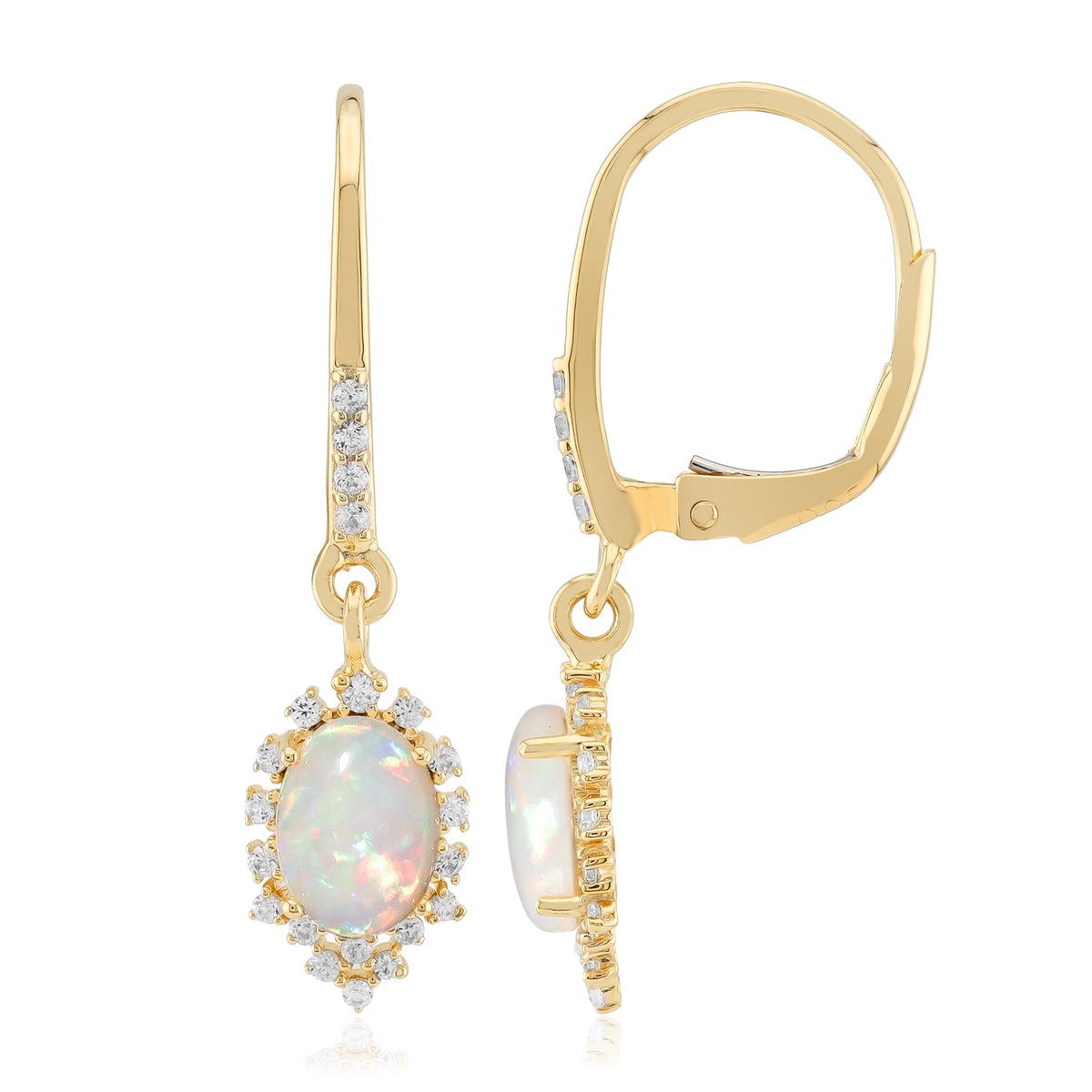 Cavill - Elegante Vergulde 925 Zilveren Oorbellen - Australische Ovale Opalen 1,07 ct & 42 Cambodjaanse Zirkonia's - Zilveren Oorbellen Dames