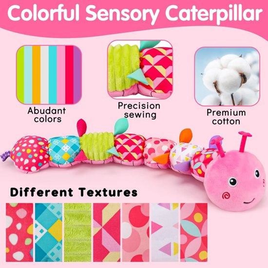 Casalora Buikligtrainer Baby - Sensorisch Knuffelspeelgoed met Geluid en Bijtring & Muzikale - Pluche Rupsenthema - Geschikt vanaf 0 Maanden - Roze van casalora — afbeelding 3