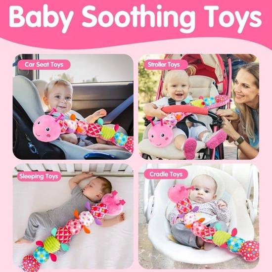 Casalora Buikligtrainer Baby - Sensorisch Knuffelspeelgoed met Geluid en Bijtring & Muzikale - Pluche Rupsenthema - Geschikt vanaf 0 Maanden - Roze van casalora — afbeelding 5