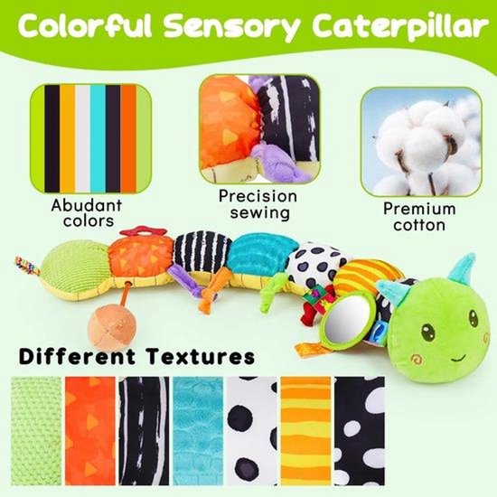 Casalora Buikligtrainer Baby - Sensorisch Knuffelspeelgoed met Geluid en Texturen & Muzikale - Pluche Rupsenthema - Geschikt vanaf 0 Maanden van casalora — afbeelding 3