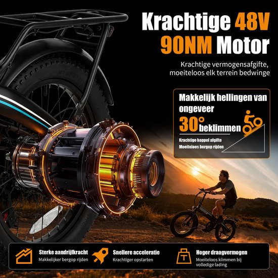 Vankel Elektrische Vouwfiets - 48V 556Wh Accu - 90Nm Koppel - 20 inch Brede Banden - Uitneembare Accu - Shimano 7 Versnellingen - Zwart van VANKEL — afbeelding 3