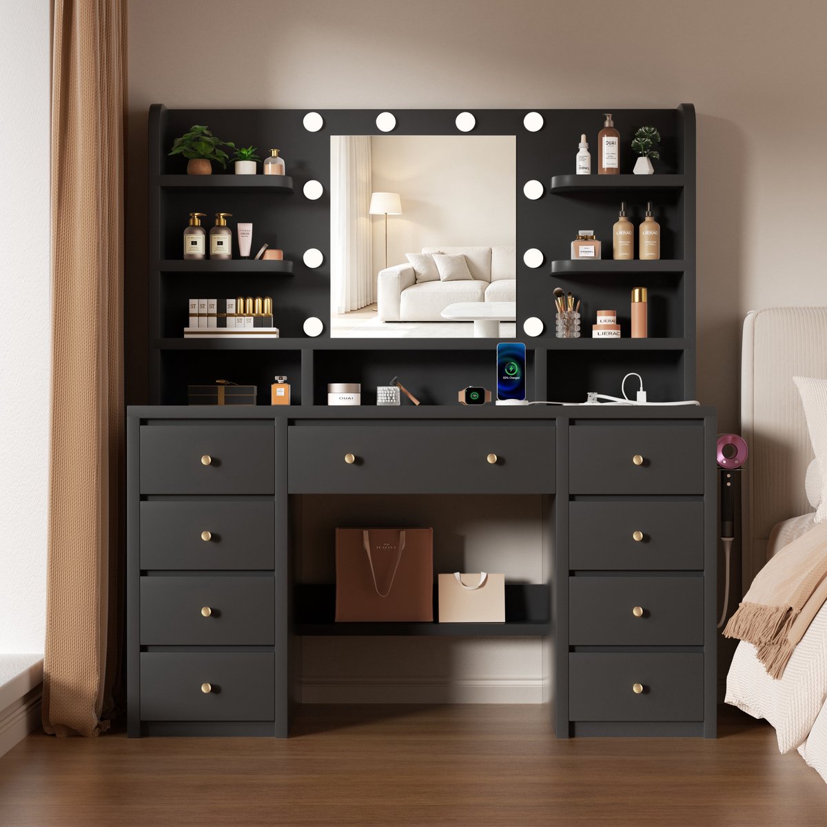 Lexzurn Kaptafel - make up tafel met spiegel - 3 soorten LED-verlichting - 8 Laden en 4 Planken - met haak voor föhn - met stopcontact en USB-poorten - 145x90x40 cm - geschikt voor slaapkamers en kleedkamers - Zwart