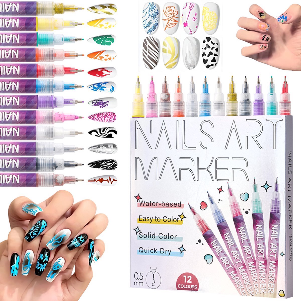 Casalora Nail Art Pennen Set 12 Kleuren – 2025 Upgrade Gel Nail Markers – DIY Sneldrogende Dotting & Liner Pens – 3D Nagellak