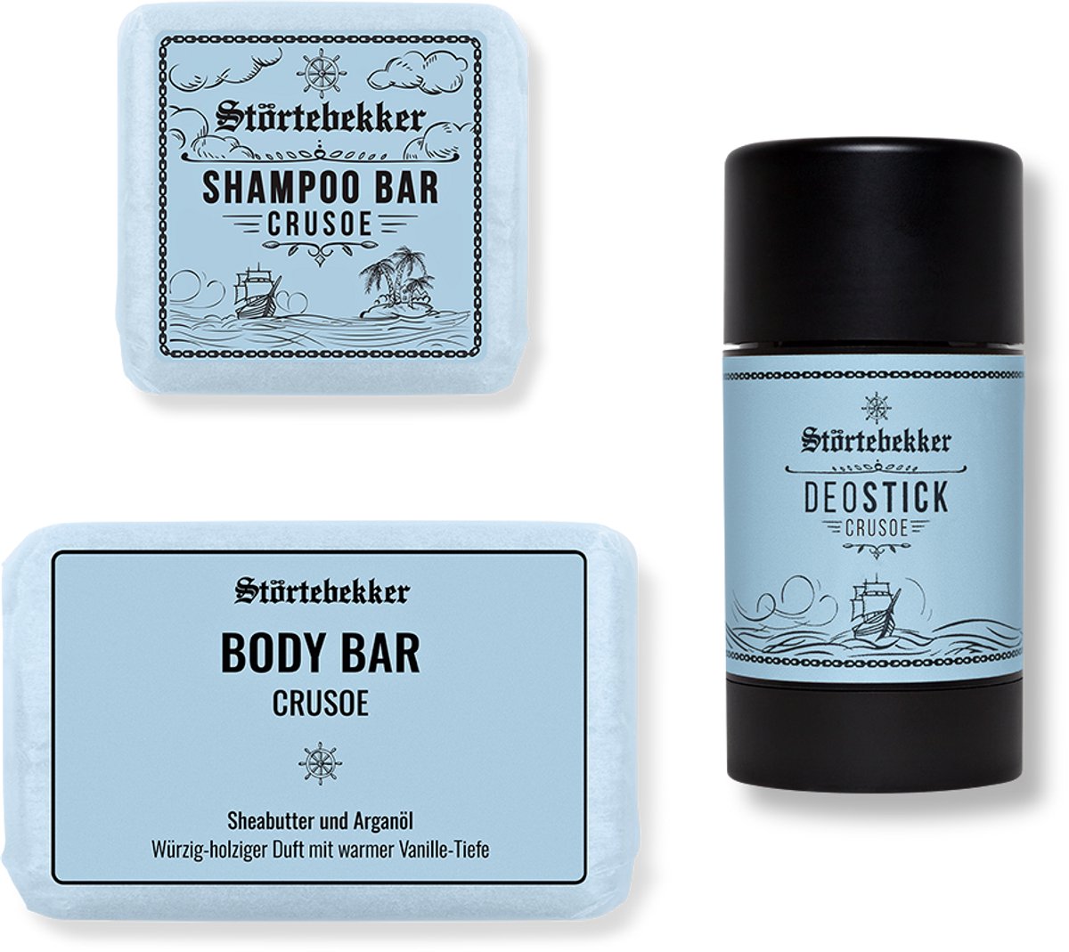Störtebekker® Men Essential Set Crusoe - Verzorgingsroutine Set Heren met Frisse Citrus & Zachte Vanille - Vaste Shampoo, Body Bar & Deostick - Vegan & Zonder Aluminium - Dagelijkse Frisheid