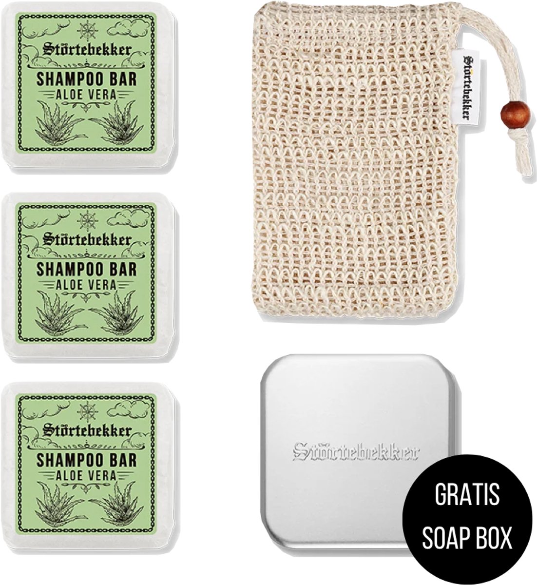 Störtebekker® Premium Doucheset Hair - Vaste shampoo (100 g x3), sisalzakje + GRATIS aluminium zeepdoosje - Shampoo Bar Set - Solid shampoo Set- Handgemaakt in NL