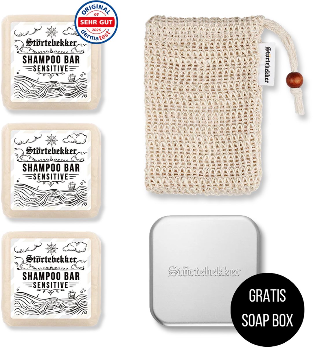 Störtebekker® Premium Doucheset Hair - Vaste shampoo (100 g x3), sisalzakje + GRATIS aluminium zeepdoosje - Shampoo Bar Set - Solid shampoo Set- Handgemaakt in NL