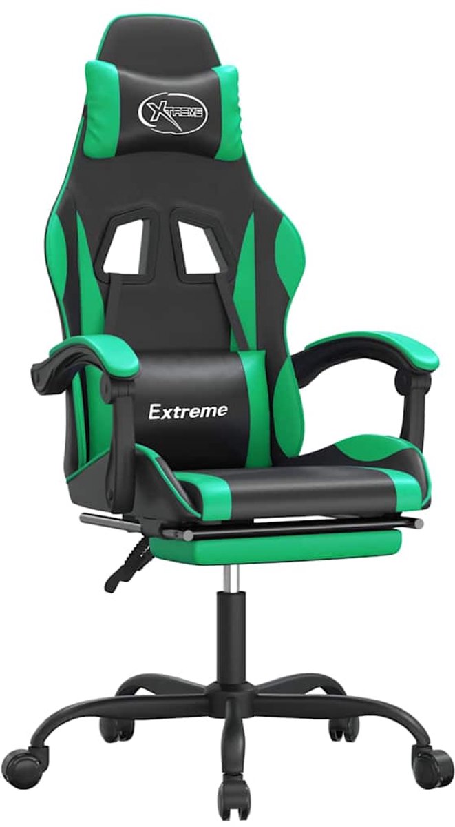 vidaXL Gamestoel - draaibaar - met - voetensteun - kunstleer - zwart - en - groen zwart en groen