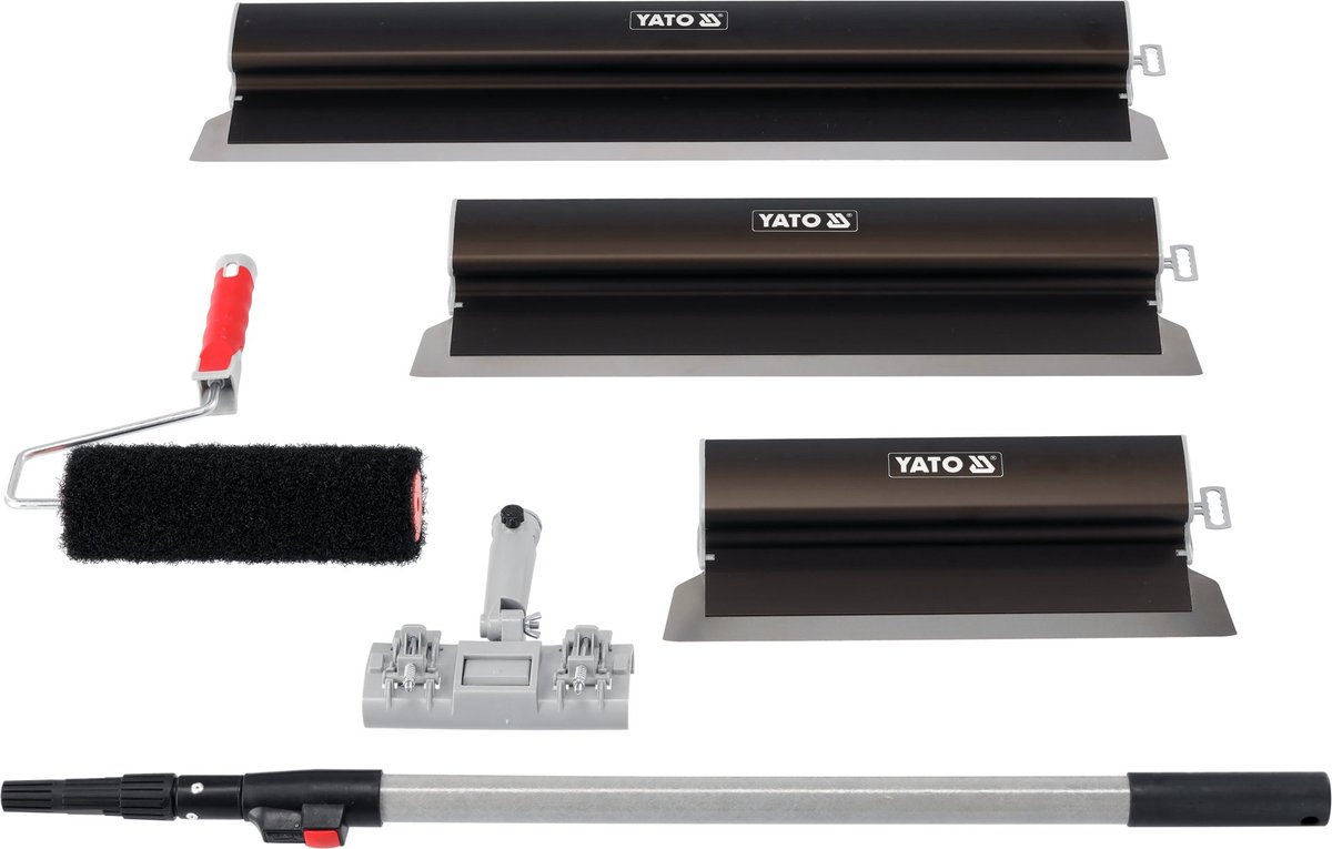 YATO Professionele Egaliseerspatel Set - 6-Delig met Koffer - Spackmessen 40, 60 & 80 cm - Inclusief Telescopische Steel & Egaliseerroller - Voor Stucwerk en Pleister