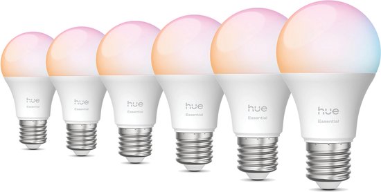 Zes Philips Hue Essential lampen met deels roze en blauwe gloed op een witte achtergrond.