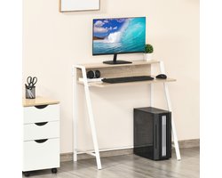 OKWISH Bureau - Compact En Ruimtebesparend Met Opbergplank En Kabeldoorvoer - 84 X 45 X 85 Cm - MDF En Metaal - Wit Eiken - Voor Werkplek En Thuiskantoor