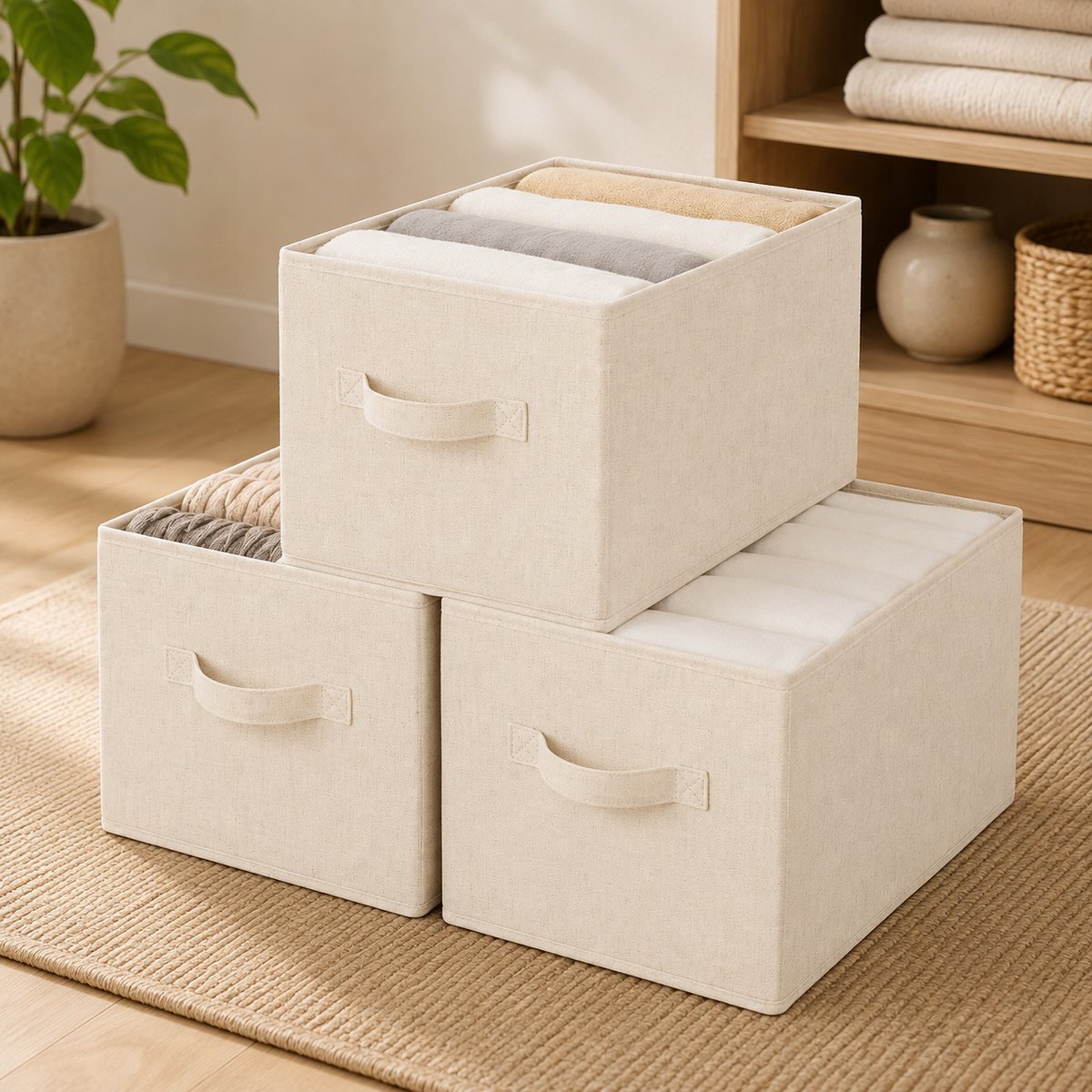 Opvouwbare stoffen opbergdozen met handvatten, set van 3, katoen-linnen, beige - voor kledingkast, plank en badkamer, 21x37x26 cm