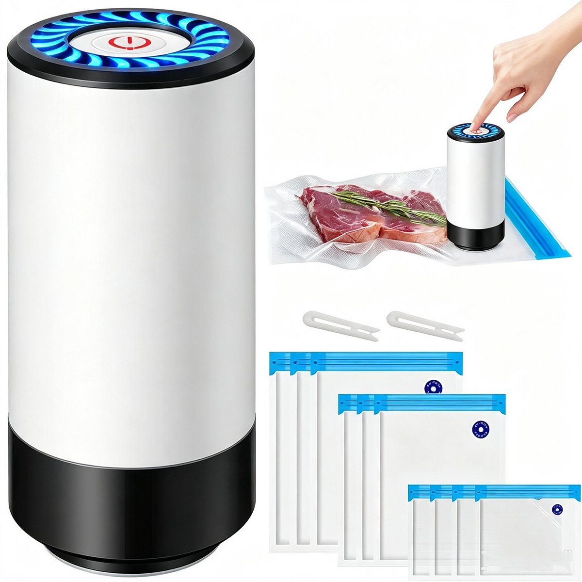 Voedselvacuümsealer - Mini Draagbare Vacuumsealer - Elektrische Vacuümpomp - Vacuümmachines - Handvacuümtrekker - Compact handzaam ontwerp - Inclusief 10herbruikbare vacuümzakken - Geschikt voor thuis, op reis en voor het bewaren van voedsel