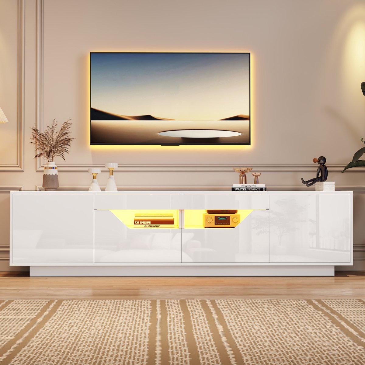 TV-Meubel voor Woonkamer en Tv‘s tot 75 Inch – Vrijstaand Lowboard van Spaanplaat – Hoogglans Front – Ledverlichting met App-Bediening – 2 Laden, 2 Kasten en Open Vakken – Push-to-Open Deuren – 180 × 40 × 45 cm – Wit