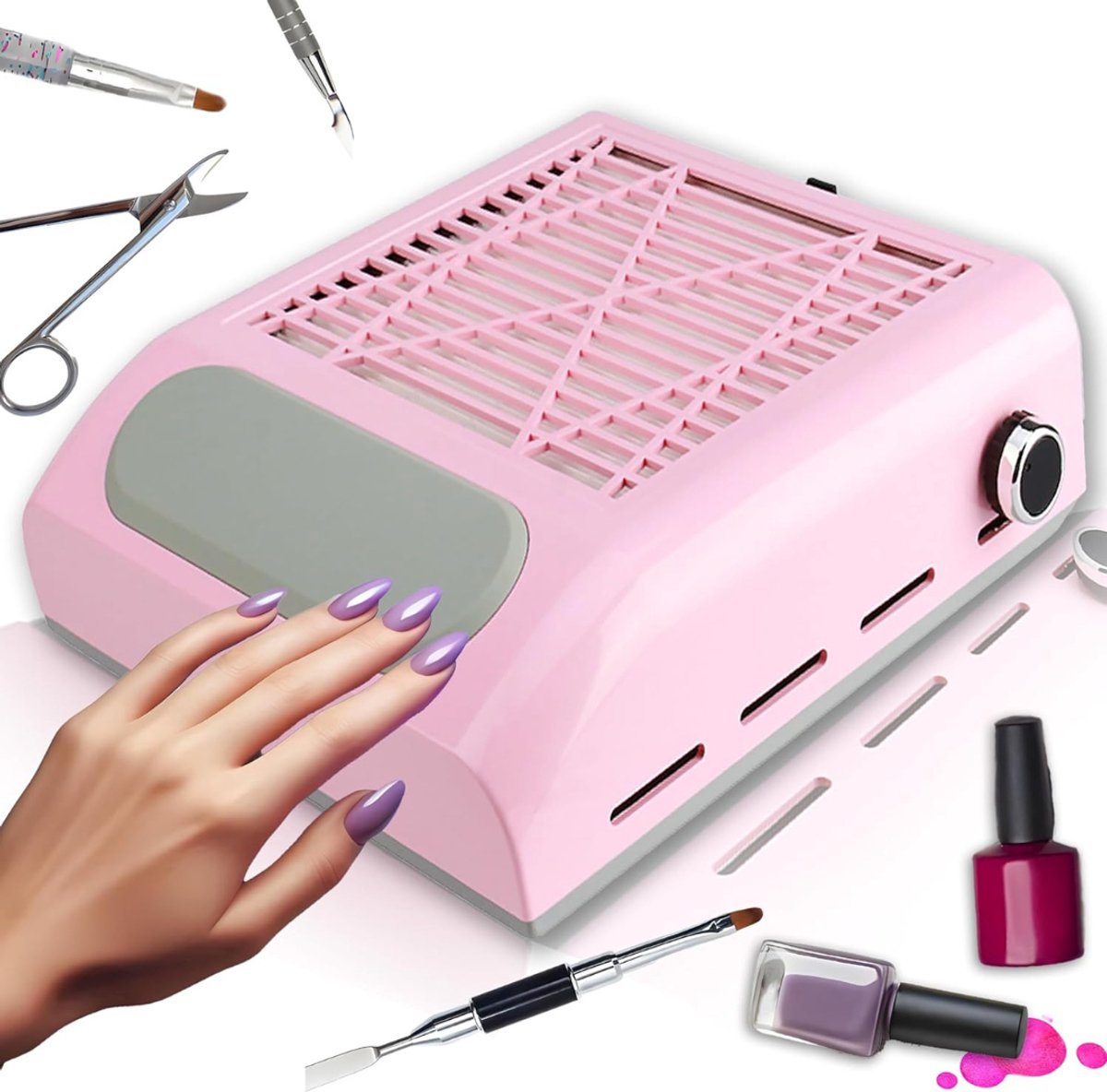 QUOVO® Nagel Afzuiger - Stofafzuiger Nagels - Stofafzuiging - Nageltafel – Nail Dust Collector Met Krachtige Afzuiging - Manicure - Pedicure - Sterke afzuiging - Roze - 24cm x 23cm x 8cm