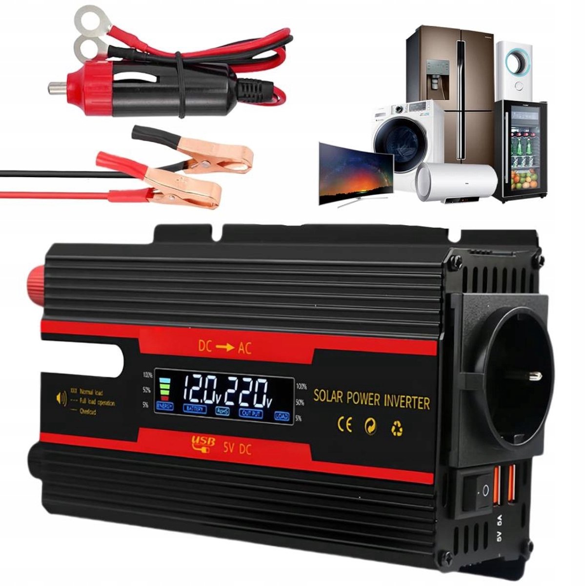Auto Omvormer - Spanningsomvormer- 2000W Piek - 12V/24V - 220V - Stopcontact & USB Oplaadpoort - 8 Beveiligingen - LCD - Voor Kamperen en Reizen