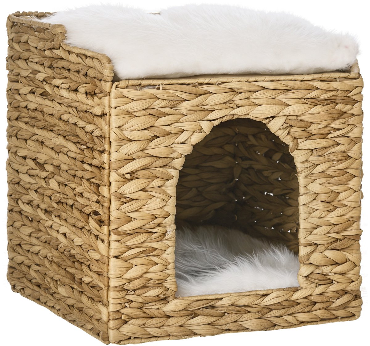 PawHut Rattan Kattenhuis - Waterhyacint - 37,5 x 37,5 x 41,5 cm - Bruin