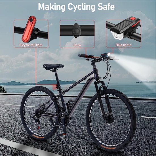 Fietsverlichting Set Zonne energie - Met Ingebouwde Fietsbel - Solar & USB Oplaadbare - Multifunctionele Fietslicht - Waterdicht - Fietslampjes Voorlicht & Achterlicht - Fietslamp op zonne-energie - Voor racefiets, stadsfiets en elektrische fiets — afbeelding 5