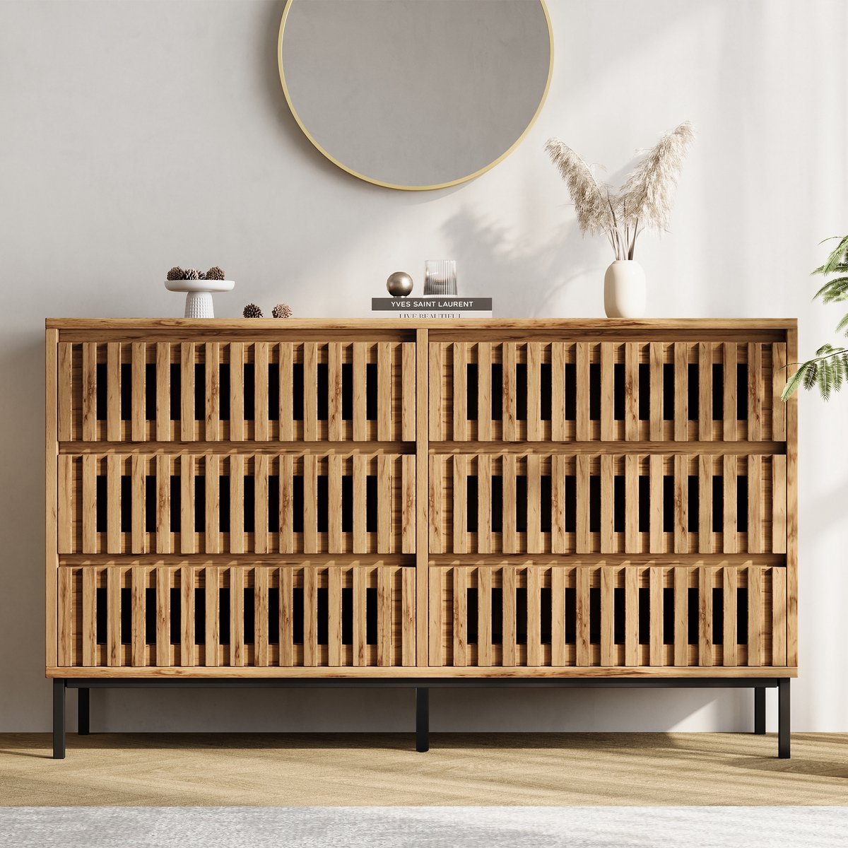 Sweiko Ladekast - Dressoir - 6 lades - Metalen poten - Houtnerfafwerking - 120 x 40 x 81 cm