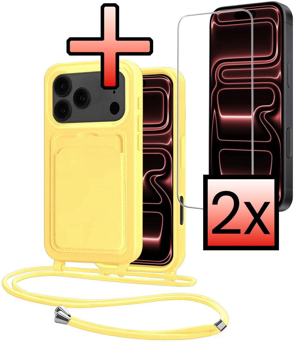 Hoes Geschikt voor iPhone 18 Pro Met Telefoonkoord Met 2x Screenprotector - Siliconen Hoesje Backcover Met Ketting - Geel
