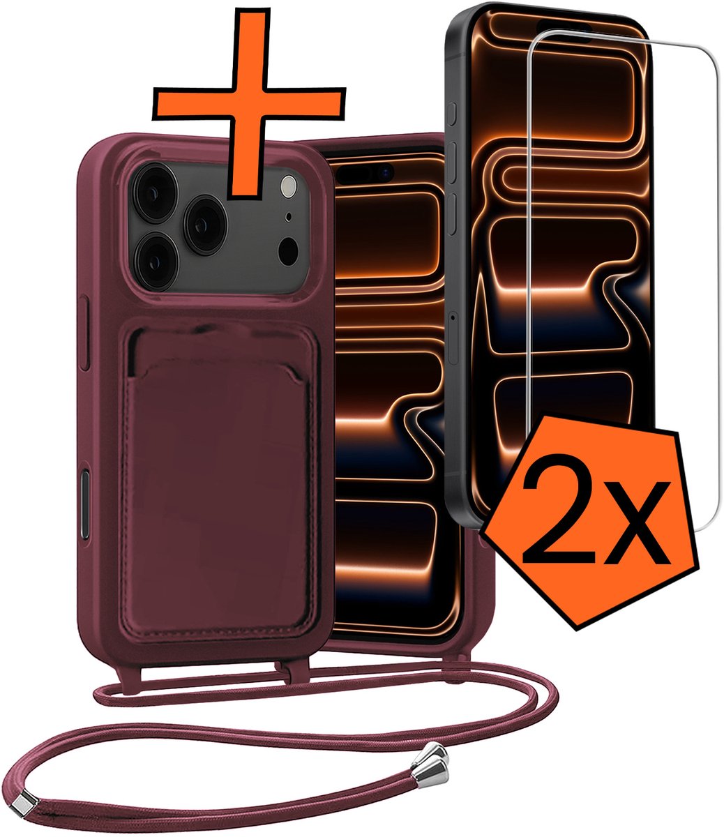 Hoesje Geschikt voor iPhone 18 Pro Max Hoes Met Telefoonketting Met 2x Screenprotector - Backcover Geschikt voor iPhone 18 Pro Max Case Met Koord - Aubergine