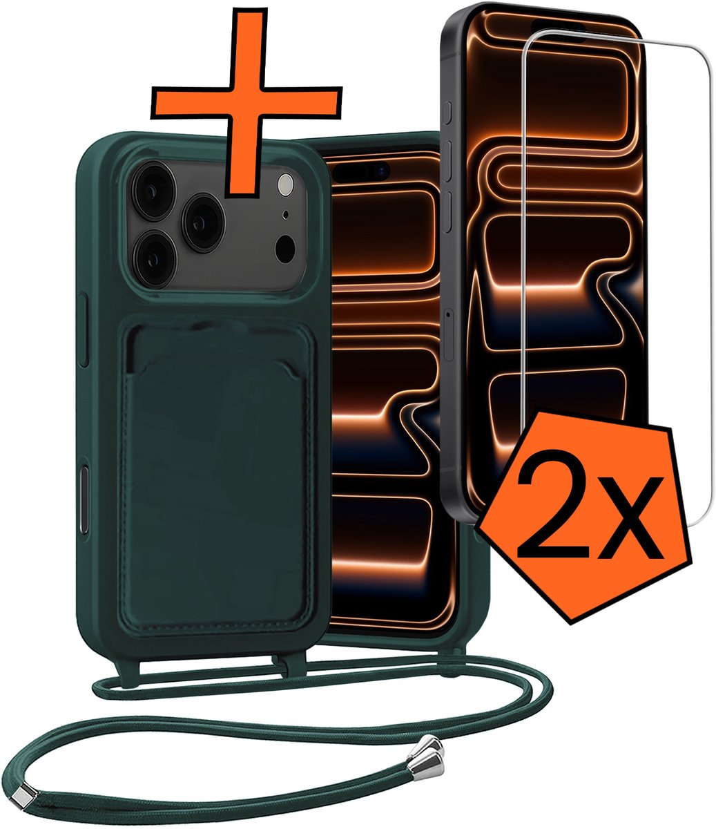 Hoesje Geschikt voor iPhone 18 Pro Max Hoes Met Telefoonketting Met 2x Screenprotector - Backcover Geschikt voor iPhone 18 Pro Max Case Met Koord - Donkergroen