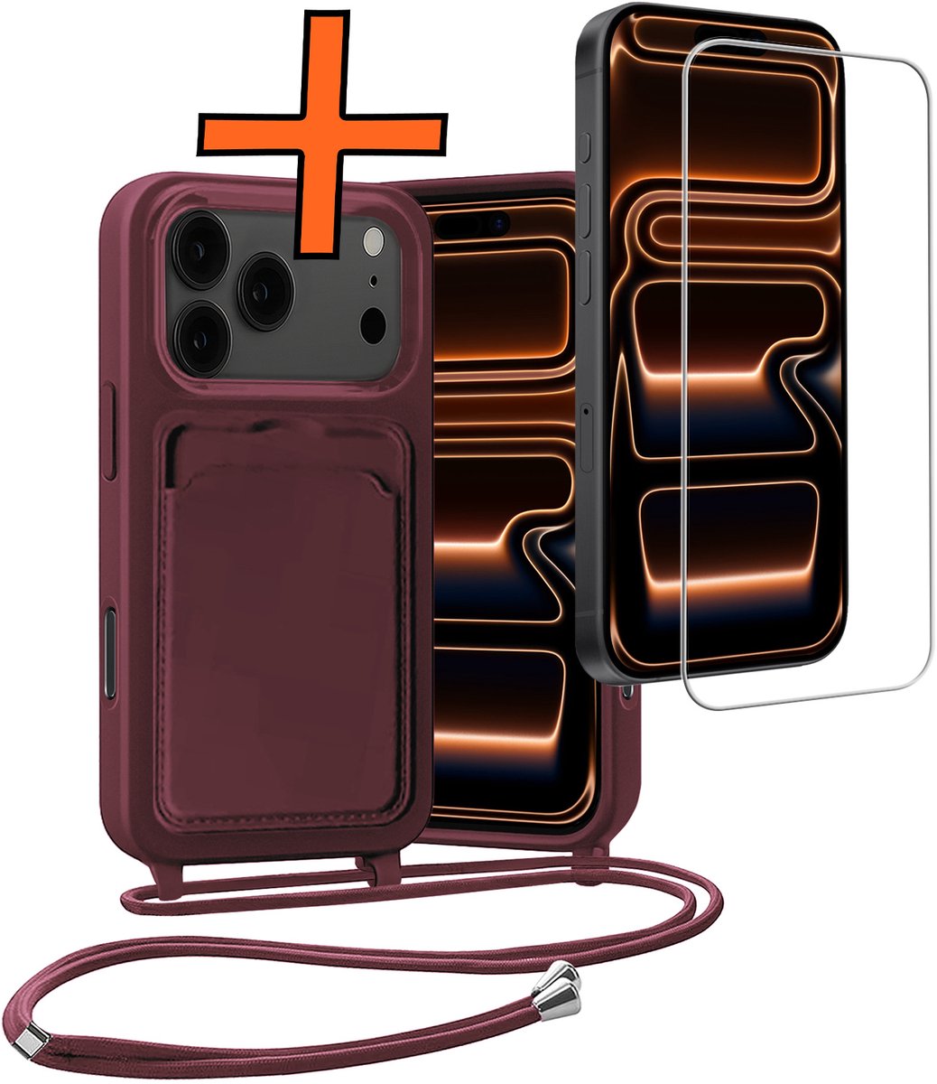 Hoesje Geschikt voor iPhone 18 Pro Max Hoes Met Telefoonketting Met Screenprotector - Backcover Geschikt voor iPhone 18 Pro Max Case Met Koord - Aubergine