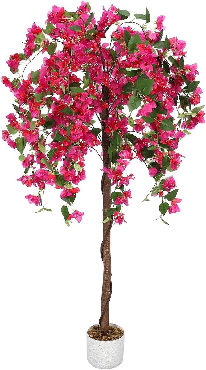 Triumpunpre - professionele kunstbuganvilla, 150cm roze natuurhout stam met hoogdichte polyester, stabiele cementen pot voor binnen en buiten