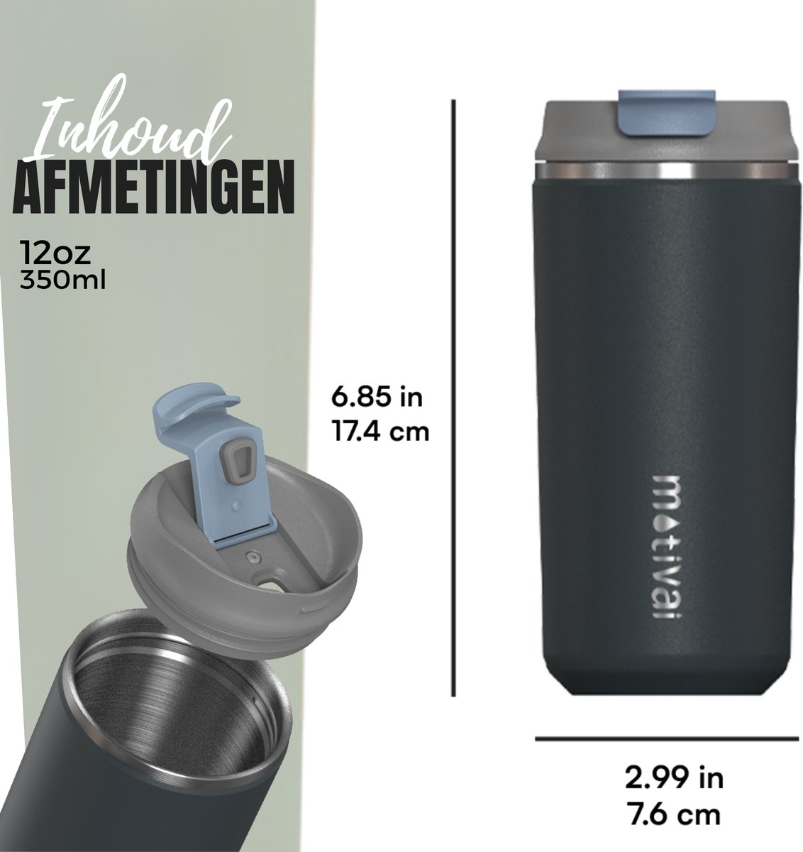 Motivai Daily Cup – Thermosbeker To Go – 350ML RVS Thermosmok – Lekvrij – Dubbelwandig Geïsoleerd – BPA-vrij & Duurzaam – Koffiebeker voor Onderweg – Zwart — cadeau in Koken & Dineren - foto 6