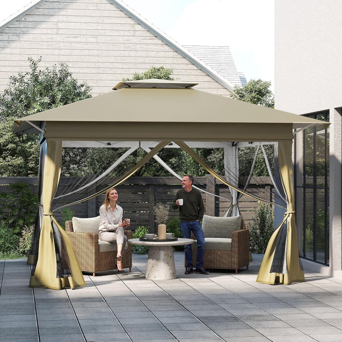 Partytent 4x4 m – Opvouwbare Pop-up Partytent – Dubbel Dak met 4 Muskietennet Zijwanden – In Hoogte Verstelbaar – Inclusief Draagtas – Khaki