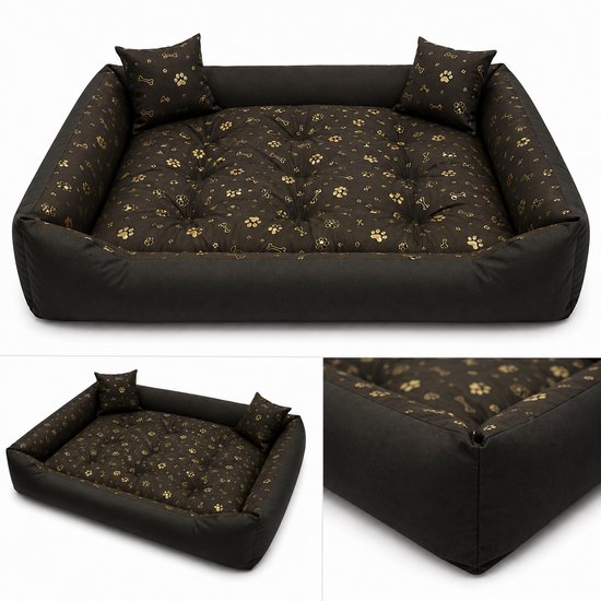 Donkerbruin hondenbed met pootjes en botjes patroon in goud. Twee kussentjes aan de kopse kant. Detail van de stof.