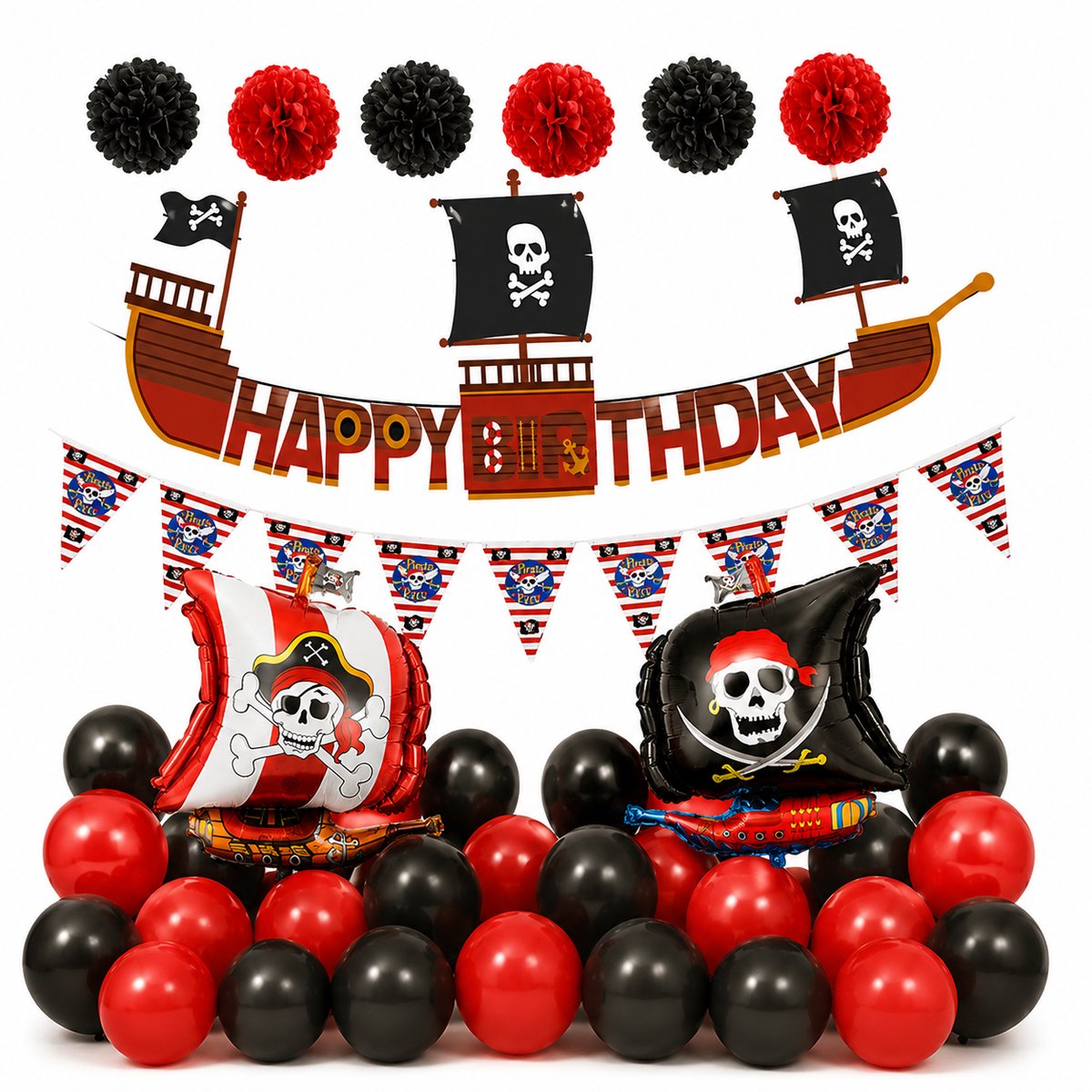 Fienosa Piraten Verjaardag Versiering – Piraten Ballonnen Set – Happy Birthday Slinger – Kinderfeestje – Rood Zwart