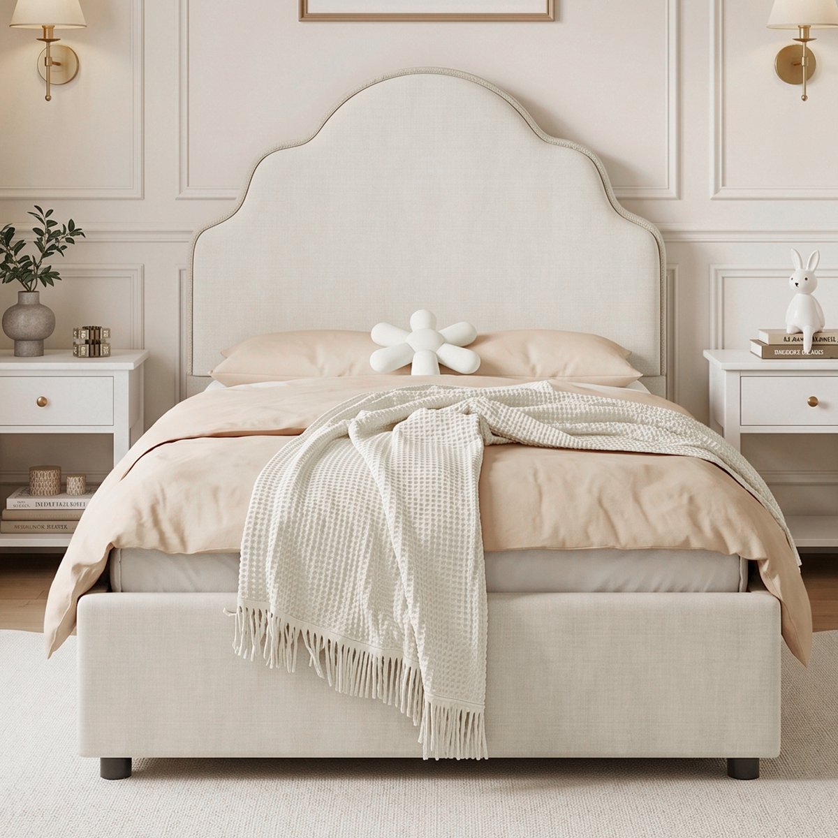 Gestoffeerd bed - eenpersoonsbed - kinderbed 90 x 200 cm - met gestoffeerd hoofdeinde - linnen - beige - zonder matras