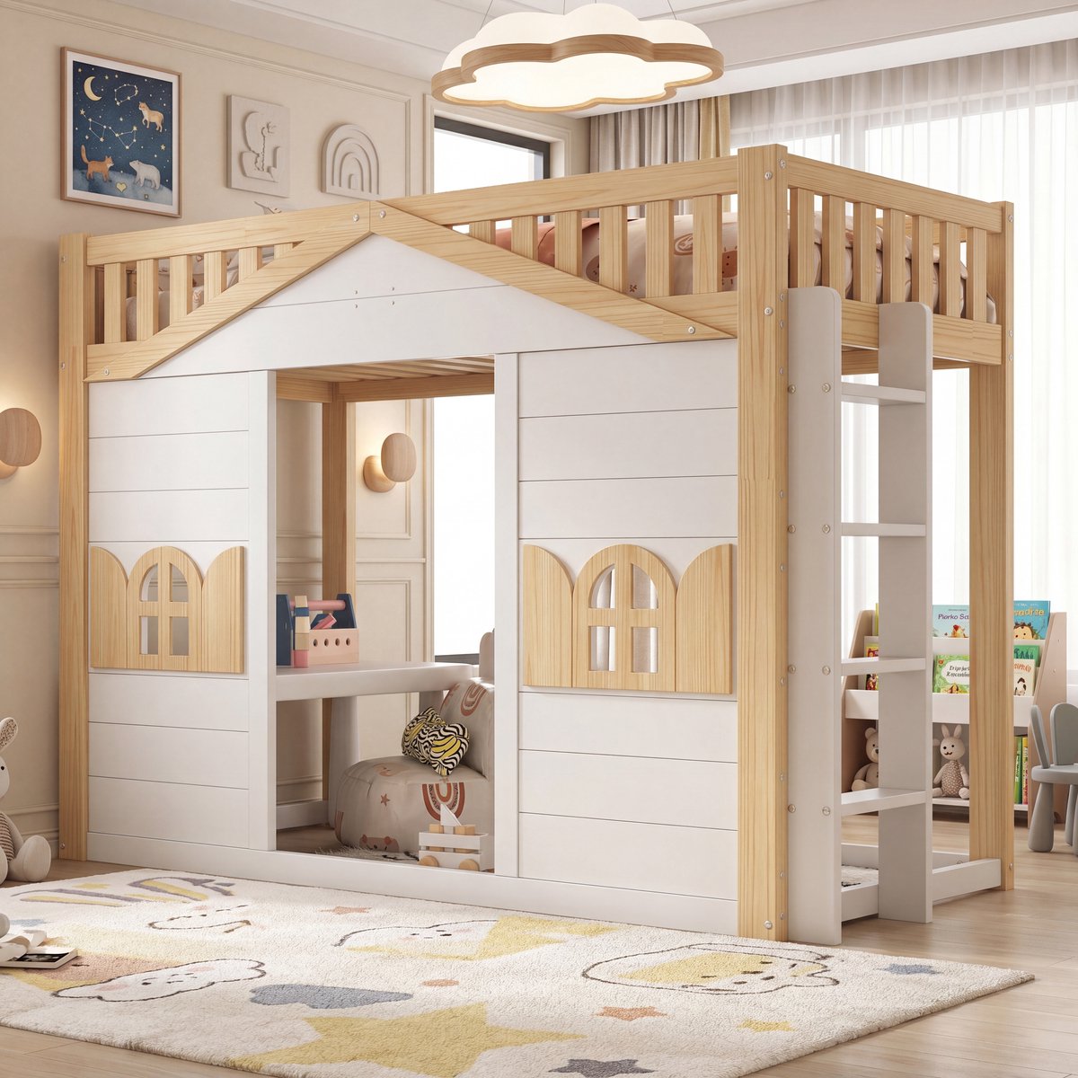 Stapelbed - kinderbed - bed in de vorm van een huis - 90x200 cm - venstervormig - wit en houtkleur - zonder matras