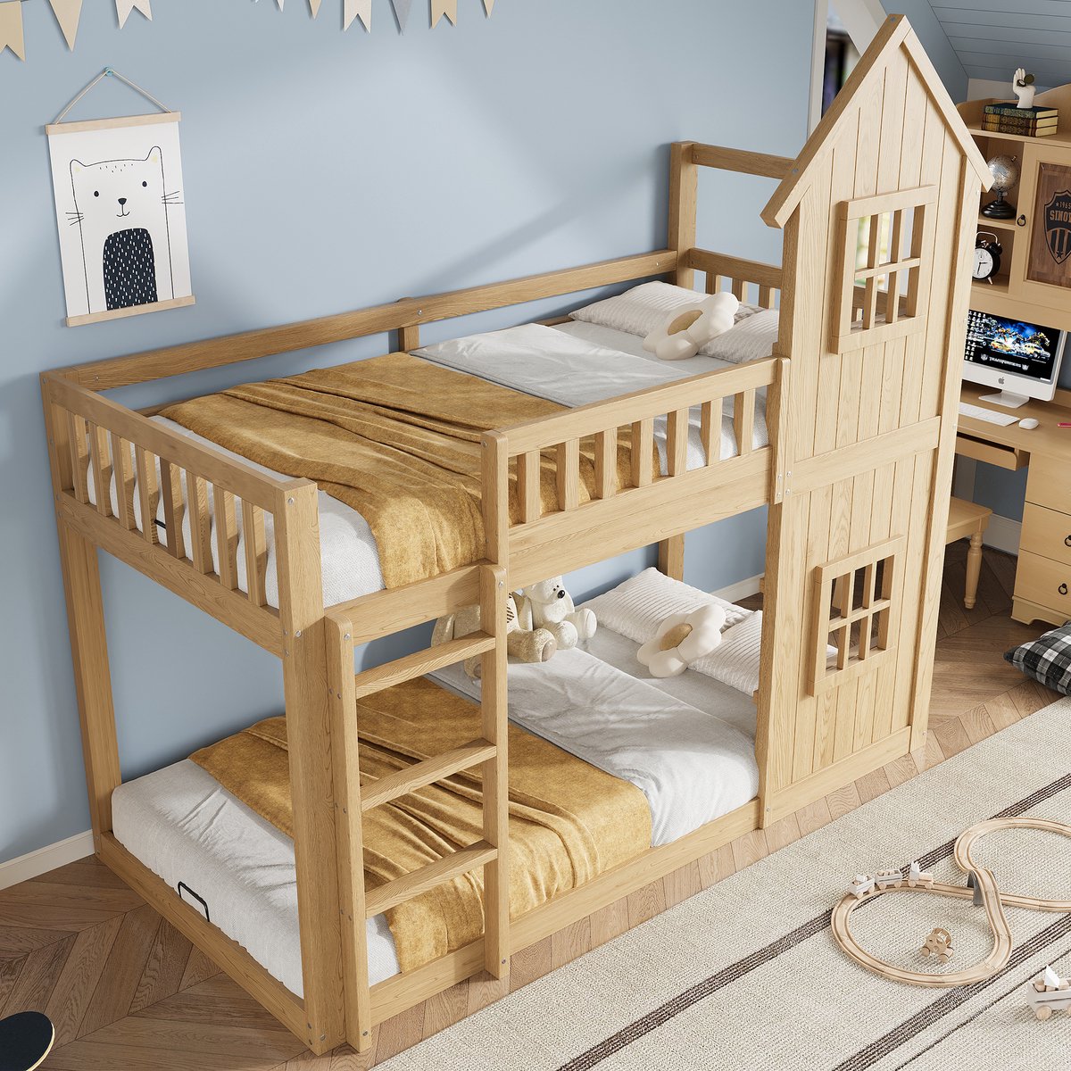Stapelbed 90x200 cm - kinderbed - 2 prachtige ramen - mooi huisvormig - drie treden trap - omheining rondom - houtkleur - zonder matras