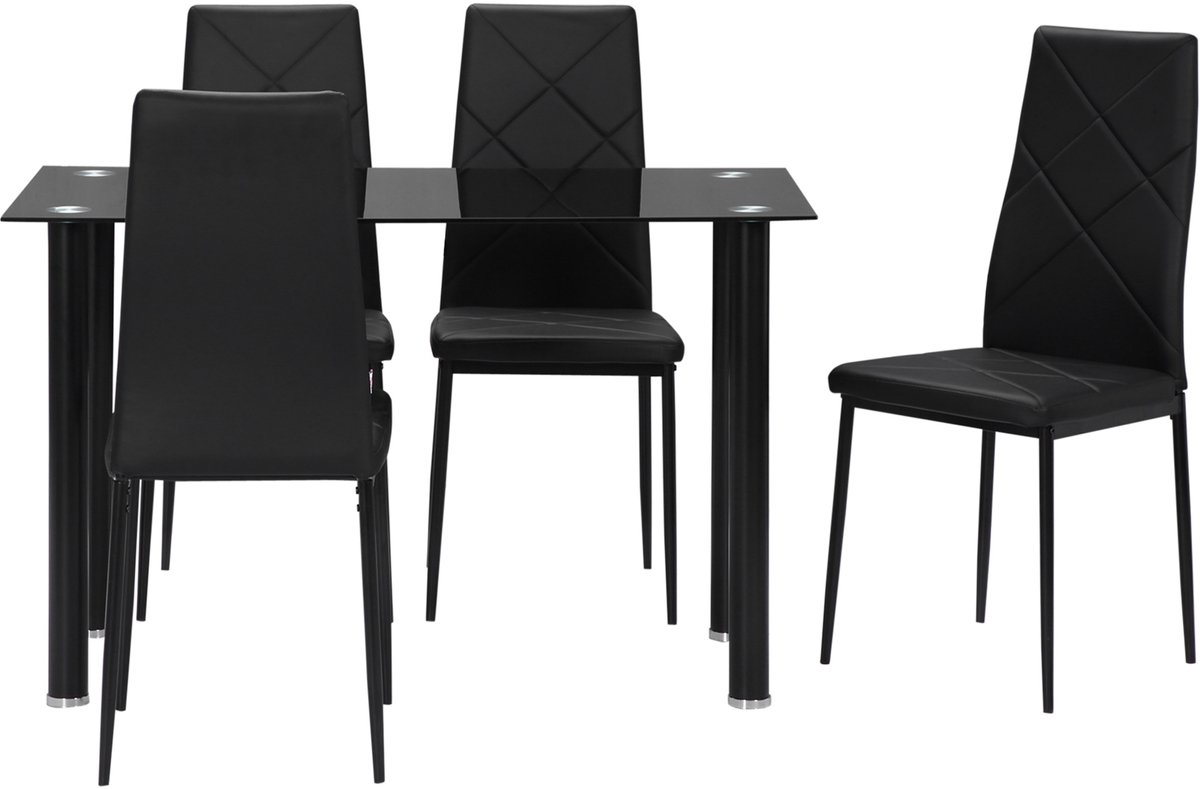 Eettafelset met 4 stoelen, 5-delige keukenmeubelset, tafelblad van gehard glas, stalen poten, zwart | Keukenmeubelset, tafelblad van gehard glas, stalen poten, 4 personen