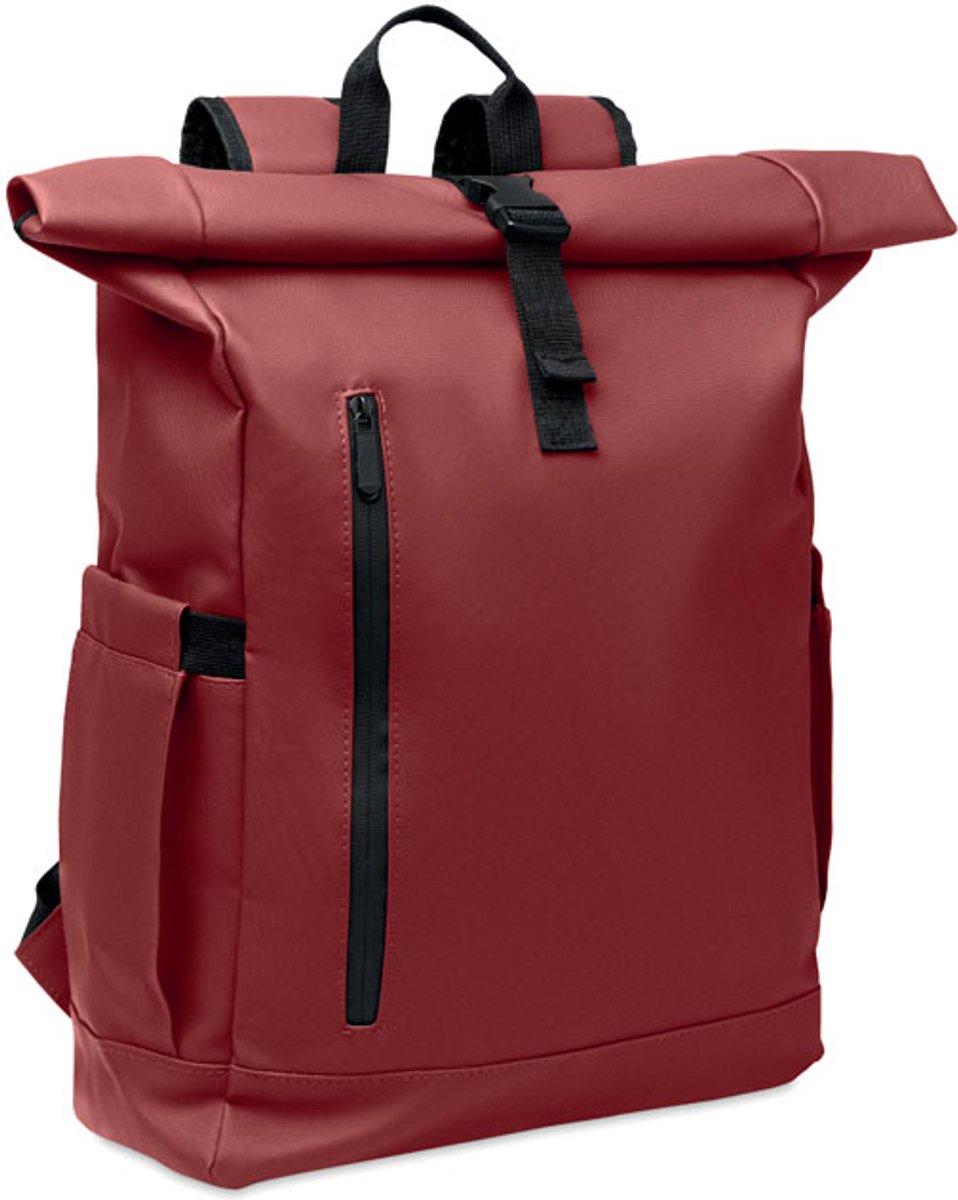 Rolltop 15 inch laptoprugzak van PU-gecoat 600D RPET polyester en RPET polyester voering. Kleur Rood
