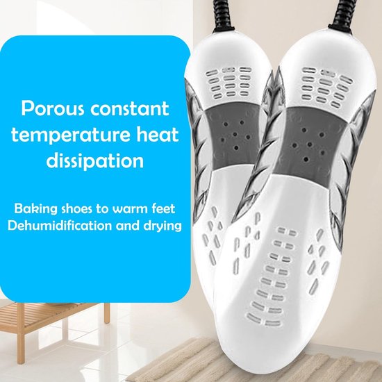 Witte en grijze schoenendrogers met ventilatieopeningen. 'Porous constant temperature heat dissipation. Baking shoes to warm feet Dehumidification and drying.'