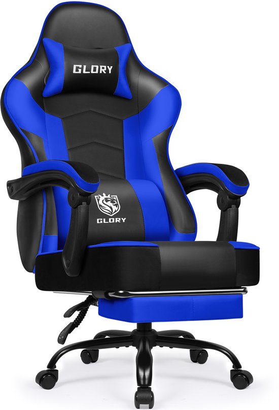 Zwarte en blauwe gamingstoel met hoofdsteun en logo's.
